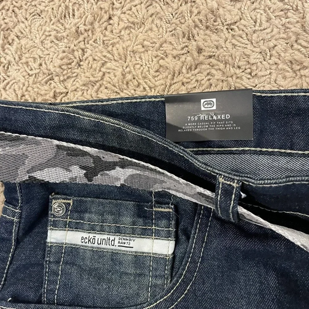 Ecko Unltd Jean Shorts Men's 759 Relaxed Fit Camo Belted Denim Dark Indigo Q965 - Picture 4 of 8